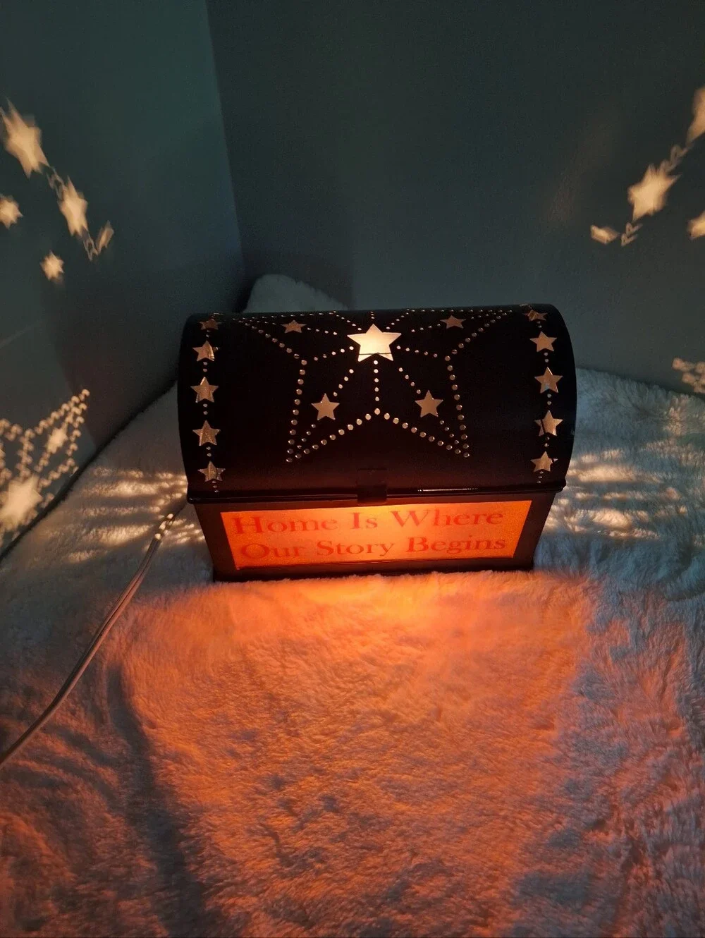 Rustic Black Punched Tin Accent/Nightlight Etched Glass Stars Primitive Decor